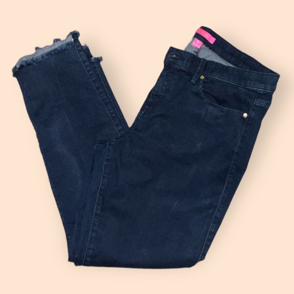 Lilly Pulitzer: Blue Dark Rinse Wash Frayed Hem Skinny Jeans - Picture 3 of 10